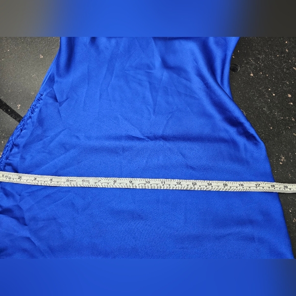 LULU'S Blue Cowl Neck Ruched Mini to Midi Satin Spaghetti Strap Dress. Small - Picture 11 of 11